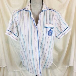 Vintage 80s 90s Carnegie Court Size Small S Pajama Shirt Top Striped White Pink